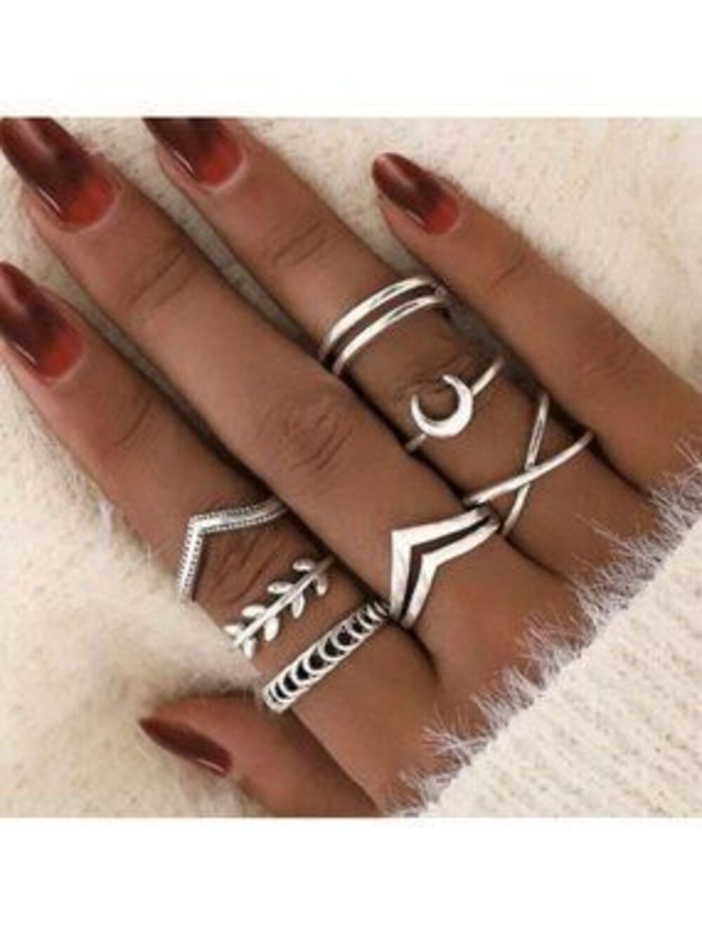 Silver 7pc Leaf & Moon Ring Set